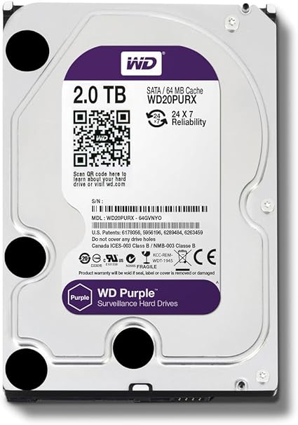 Western Digital WD Purple Harddisk 3.5" 2TB SATA3 6Gb/s IntelliPower 5400RPM 64 MB HDD Surveillance WD20PURX
