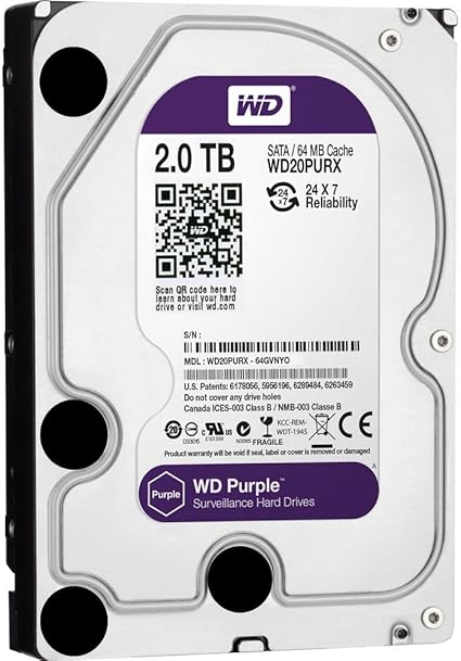 Western Digital WD Purple Harddisk 3.5" 2TB SATA3 6Gb/s IntelliPower 5400RPM 64 MB HDD Surveillance WD20PURX