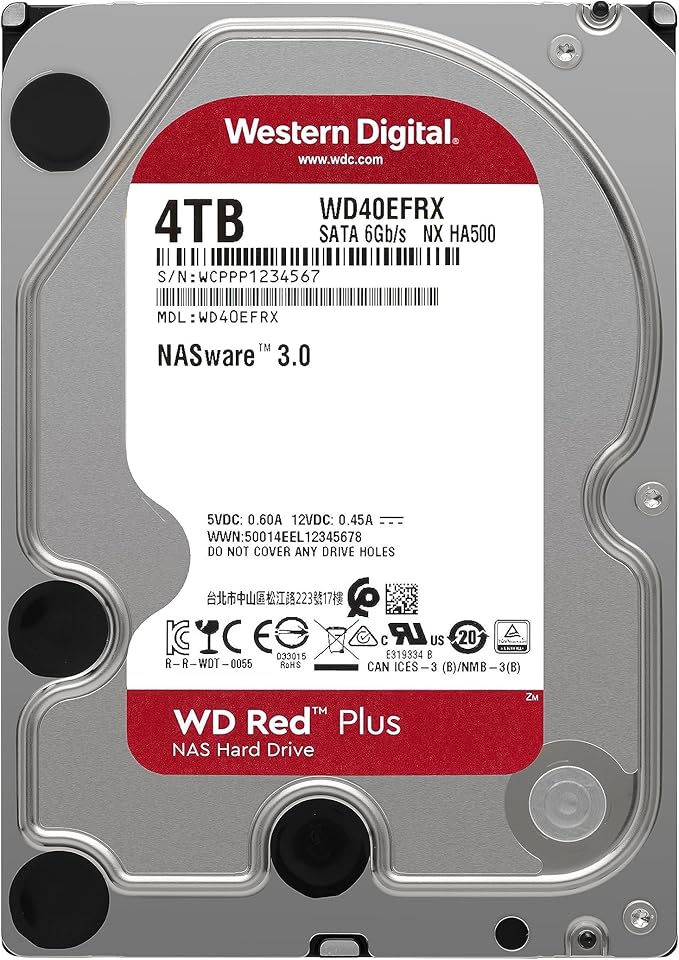 Western Digital 4TB WD Red Plus NAS Internal Hard Drive HDD - 5400 RPM, SATA 6 Gb/s, CMR, 64 MB Cache, 3.5" - WD40EFRX
