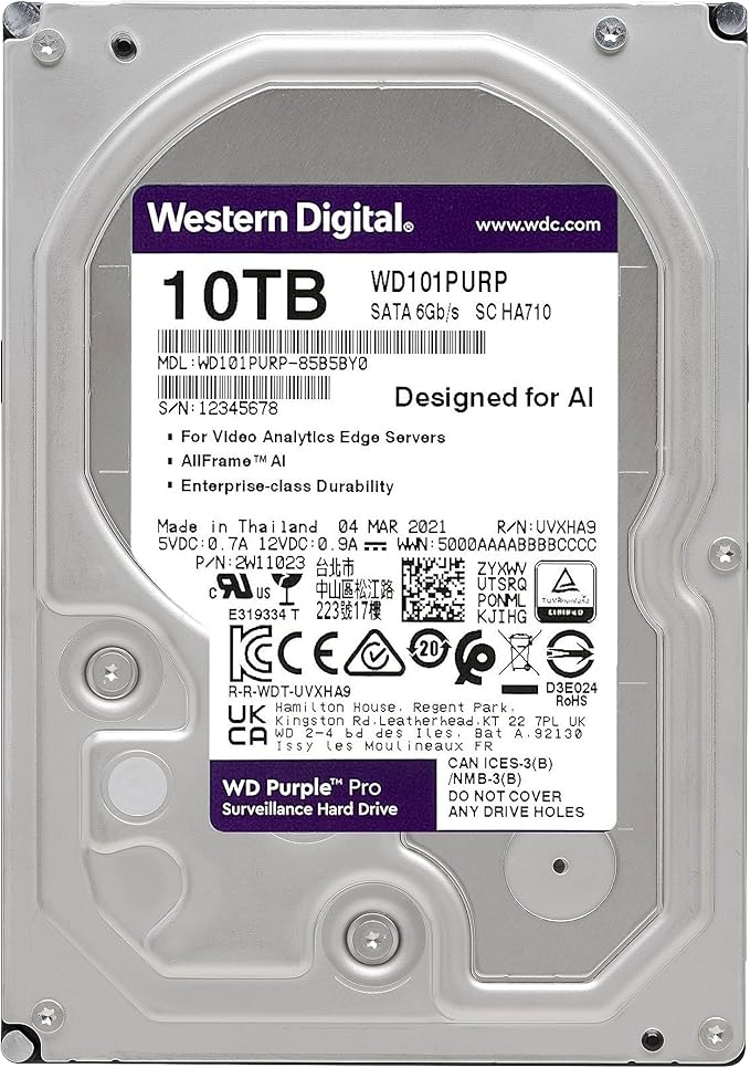 Western Digital 10TB WD Purple Pro Surveillance Internal Hard Drive HDD - SATA 6 Gb/s, 256 MB Cache, 3.5" - WD101PURP